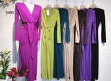 Abito Lungo Elegante Cerimonia Scollo Incrocio Drappeggio Vestito Serata in 4 Colori - 5495