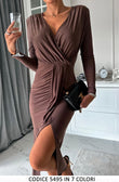 Abito Lungo Elegante Cerimonia Scollo Incrocio Drappeggio Vestito Serata in 4 Colori - 5495
