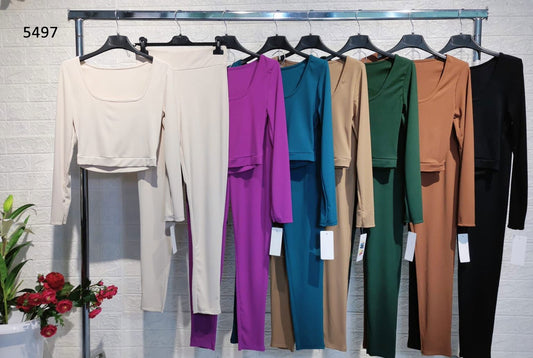 Completo Maglia Corta Manica Lunga e Pantalone Tessuto Morbido Elastico Coordinato in 7 Colori - 5497