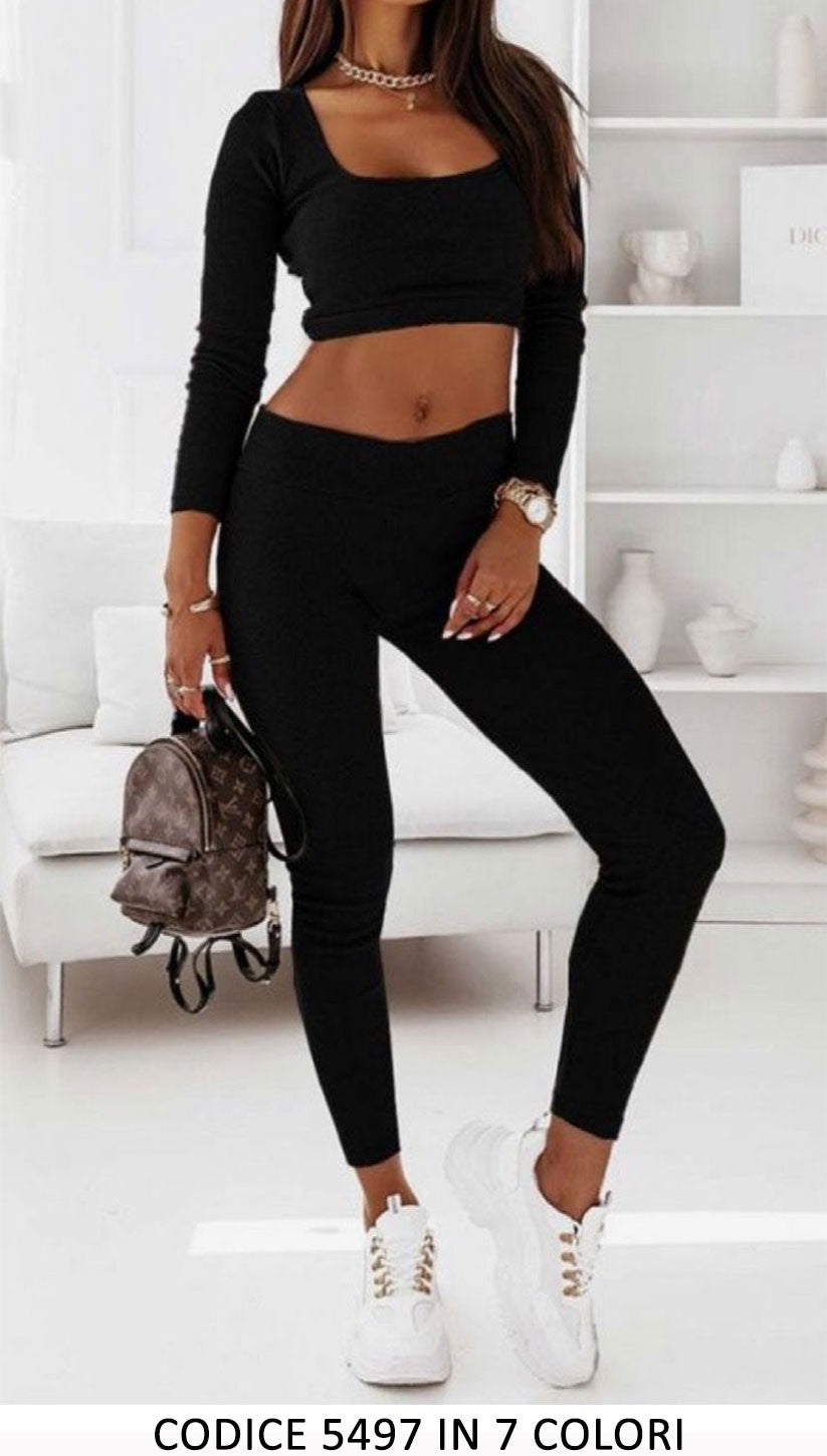Completo Maglia Corta Manica Lunga e Pantalone Tessuto Morbido Elastico Coordinato in 7 Colori - 5497