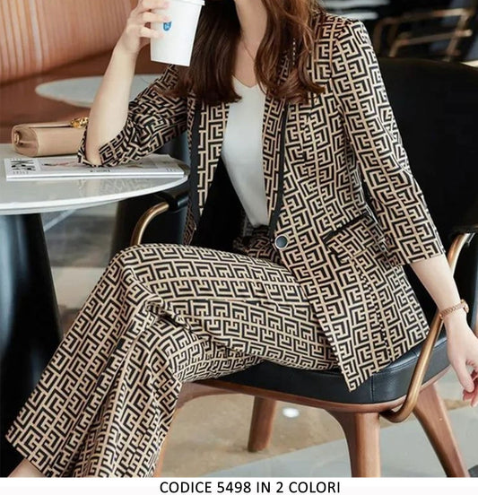 Tailleur Donna Giacca Blazer Pantalone Elegante Completo La Greca Casual Nero in 2 Colori - 5498