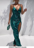 Abito Lungo Metallizzato Scollo V Sensuale con Spacco Vestito Sera Cocktail in 5 Colori - 5500