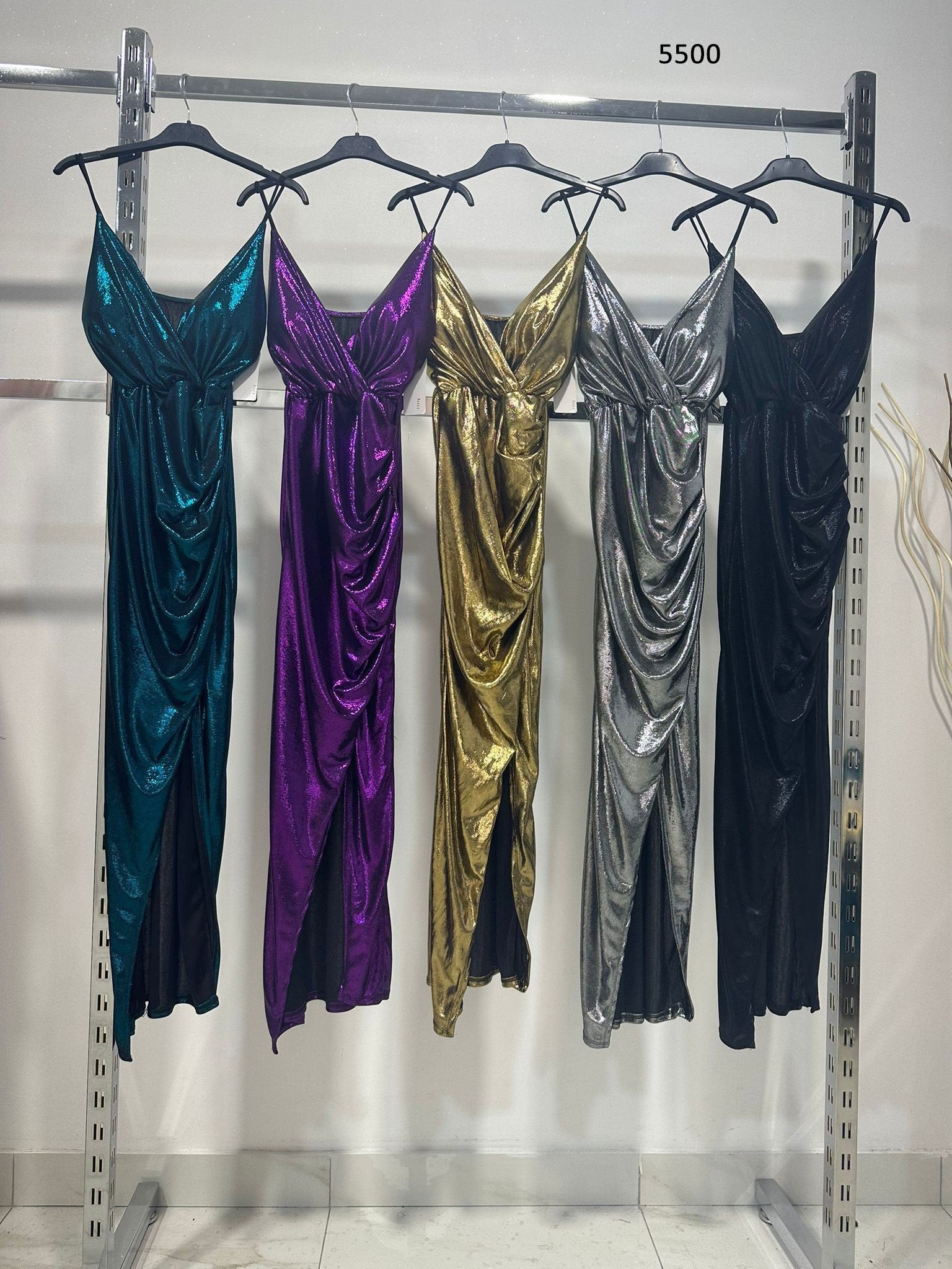 Abito Lungo Metallizzato Scollo V Sensuale con Spacco Vestito Sera Cocktail in 5 Colori - 5500