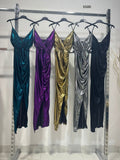 Abito Lungo Metallizzato Scollo V Sensuale con Spacco Vestito Sera Cocktail in 5 Colori - 5500