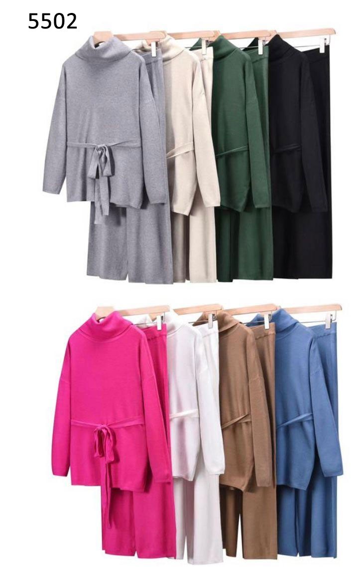 Completo Morbido Maglia Cintura Manica Lunga Collo Alto Pantalone Zampa Casual in 8 Colori - 5502
