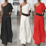 Tuta Donna Cocktail Lunga Gamba Larga Jumpsuit Casual Monospalla Manica Corta in 2 Colori - 2825Out
