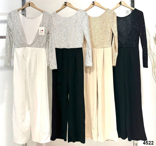 Tuta Jumpsuit Elegante Brillantinata Schiena Scoperta in Beige - 4522