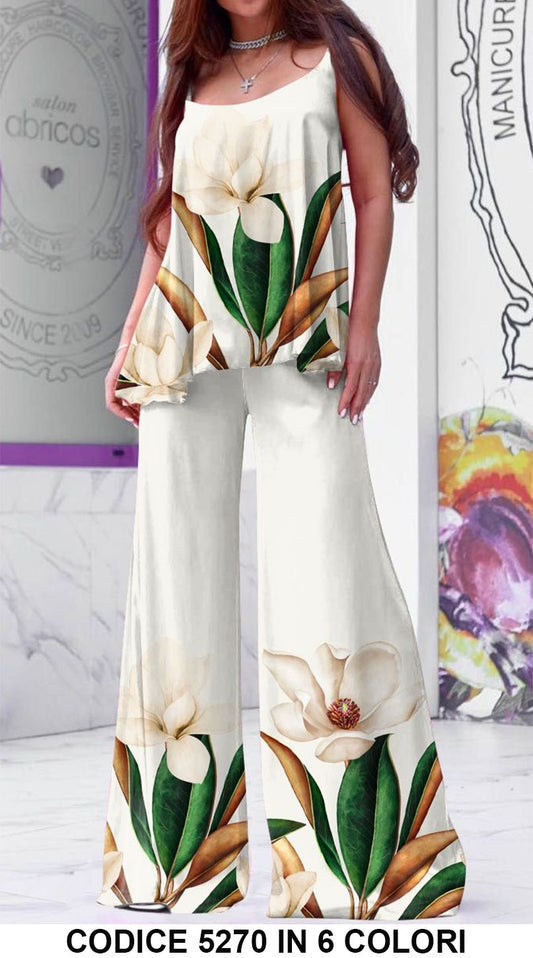Completo Donna Maglia Canotta Pantalone Zampa Stampa Fiorata Kimono Coordinato in beige Casual - 5270Out