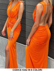 Abito Lungo Cerimonia Scollo V Rasato Vestito Drappeggio Spacco Centrale in Arancio - 5342Out