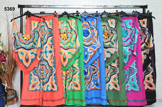 Completo Donna Top Asimmetrico Pantalone Palazzo Stampa Astratta Multicolore in Verde - 5369