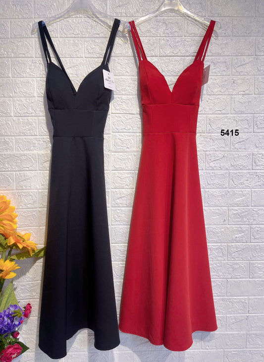 Abito Lungo Midi Casual Schiena Scoperta Scollo V Vestito Elegante con Bretelle in Nero - 5415