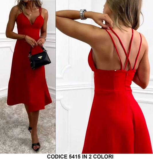 Abito Lungo Midi Casual Schiena Scoperta Scollo V Vestito Elegante con Bretelle in Nero - 5415