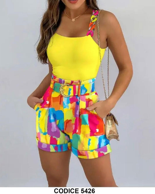 Completo 2 Pezzi Canotta con Bretelle Multicolore Pantaloncini Shorts Arcobaleno e Cintura - 5426