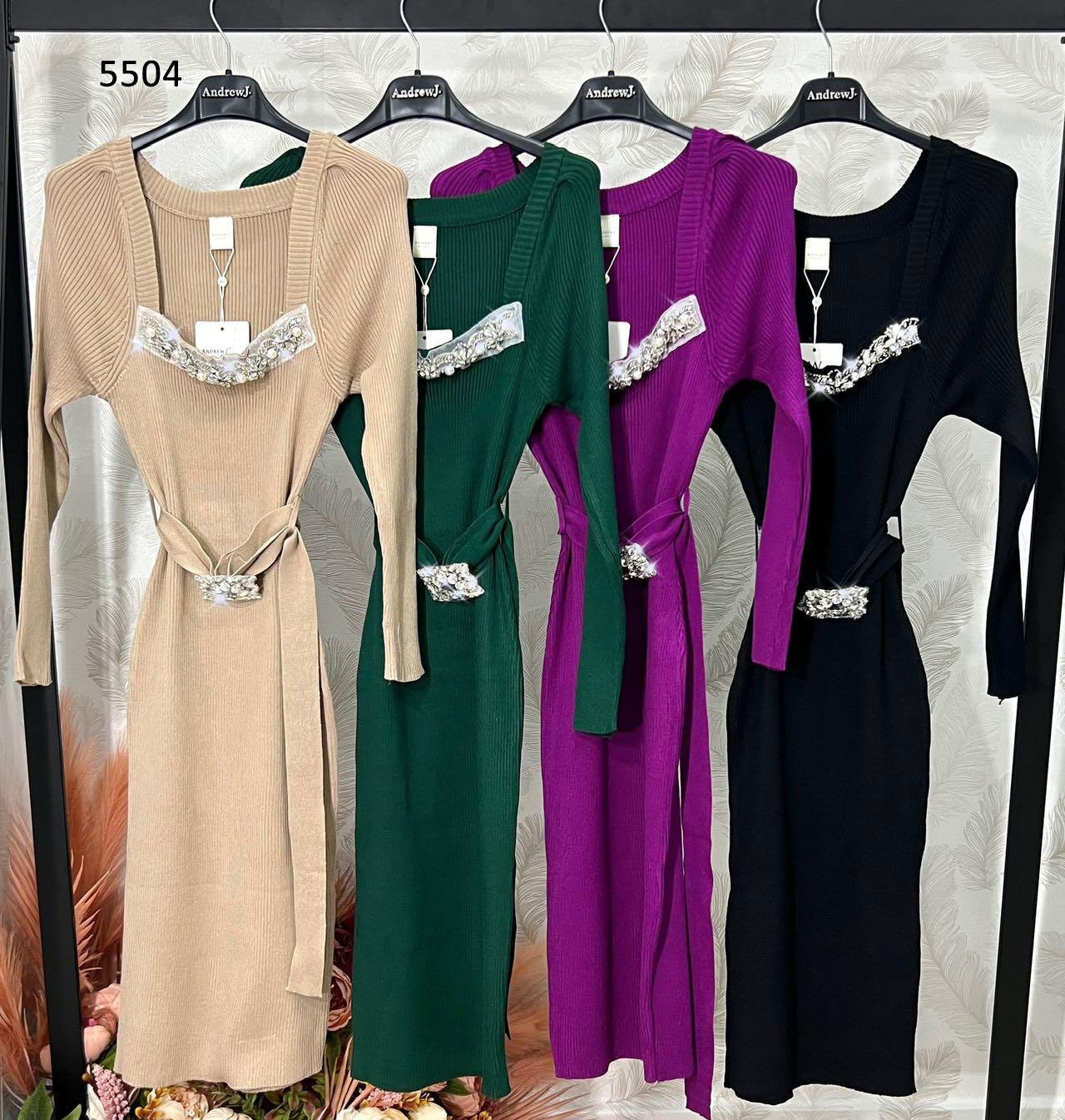 Abito Lungo Manica Luna Scollo e Cintura Gioiello Trama Costine Vestito Elegante in 4 Colori - 5504