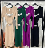Abito Lungo Manica Luna Scollo e Cintura Gioiello Trama Costine Vestito Elegante in 4 Colori - 5504