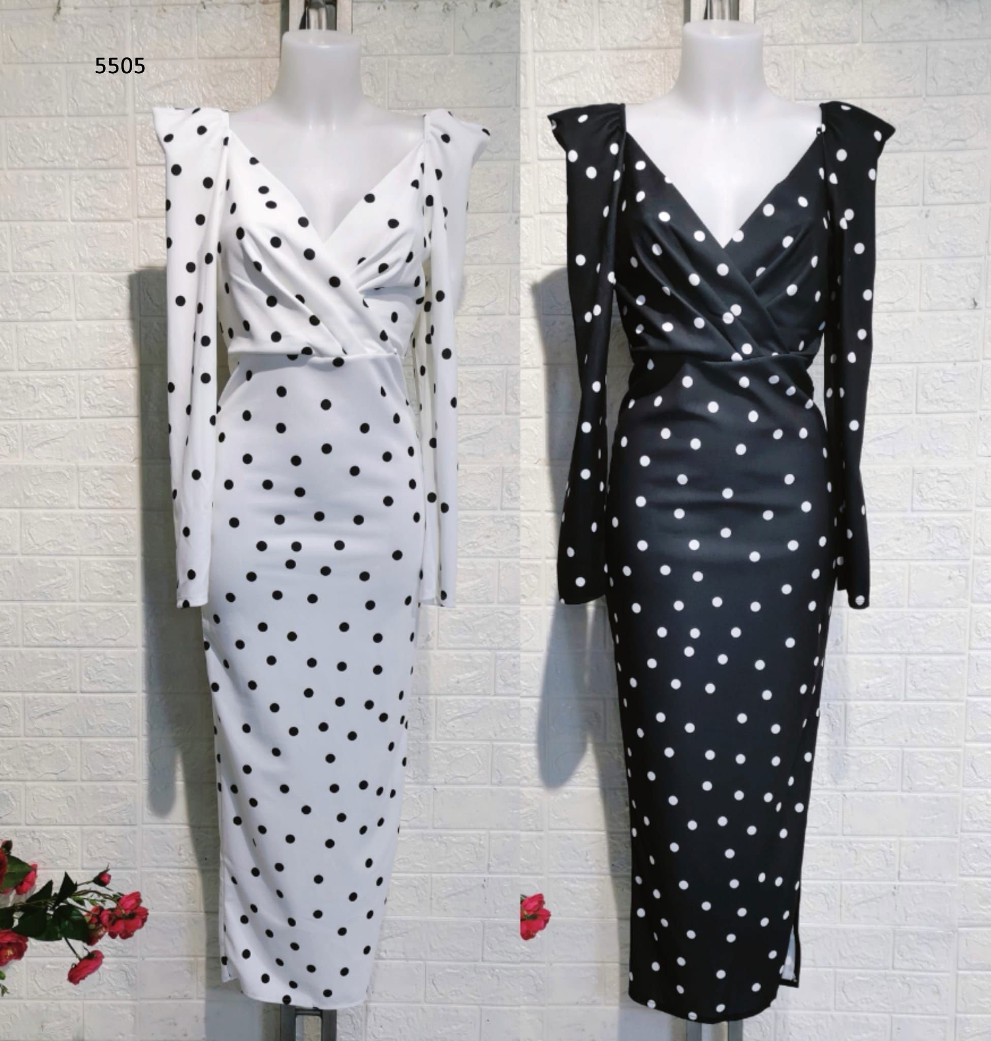 Abito Lungo manica lunga Scollo V Fantasia Pallini Pois Elegante vestito Casual in 2 Colori - 5505