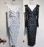 Abito Lungo manica lunga Scollo V Fantasia Pallini Pois Elegante vestito Casual in 2 Colori - 5505