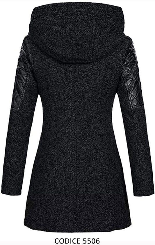 Cappotto Nero Donna Maniche eco Pelle Rombi Zip Asimmetrica Giacca Lunga Casual Elegante - 5506