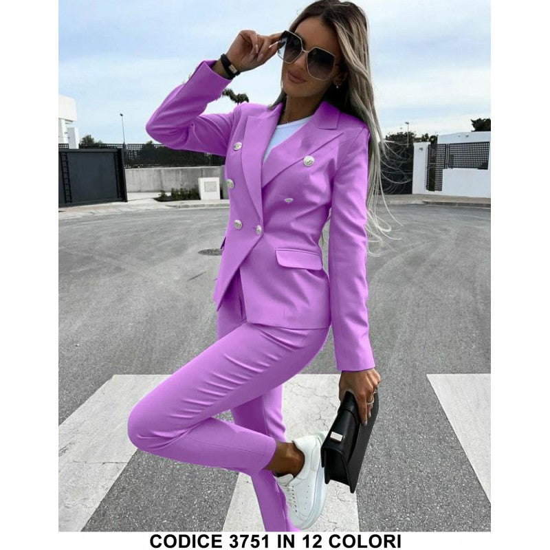 Tailleur Giacca e Pantaloni Eleganti Completo Donna Cerimonia 2 Pezzi con Bottoni Oro in 12 Colori - 3751
