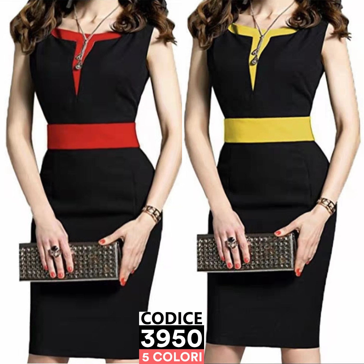 Vestito smanicato a tubino Nero con collo e fascia in vita colorata in Blu elettrico - 3950