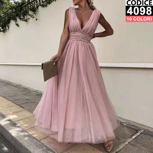 Abito Elegante Lungo Cerimonia Velo Fascia in Vita Scollo a V Vestito Smanicato Evento in 15 Colori - 4098