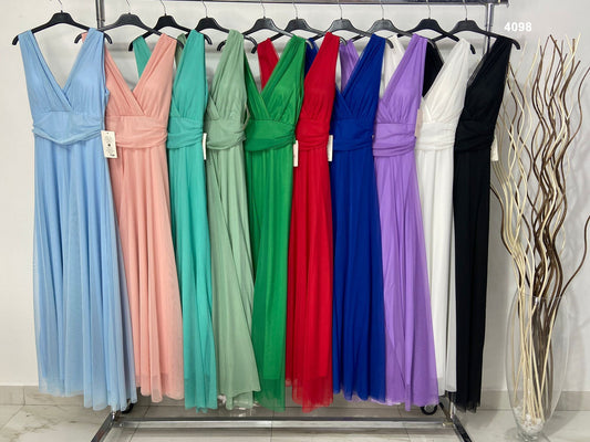 Abito Elegante Lungo Cerimonia Velo Fascia in Vita Scollo a V Vestito Smanicato Evento in 15 Colori - 4098