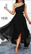 Abito Lungo da Cerimonia nero monospalla con fascia argento Vestito Midi Eventi Elegante - 1535
