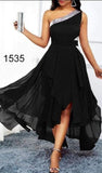Abito Lungo da Cerimonia nero monospalla con fascia argento Vestito Midi Eventi Elegante - 1535