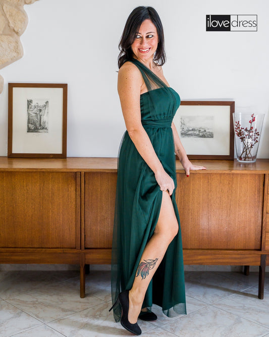 Abito Lungo Evento Cerimonia in Chiffon Fascia Modellabile Stile Impero Vestito Elegante in Verde - 1113 - Abbigliamento donna elegante su I Love Dress