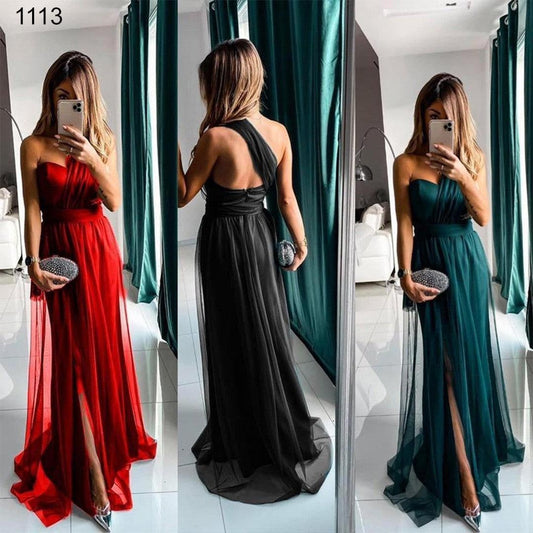Abito Lungo Evento Cerimonia in Chiffon Fascia Modellabile Stile Impero Vestito Elegante in Verde - 1113 - Abbigliamento donna elegante su I Love Dress
