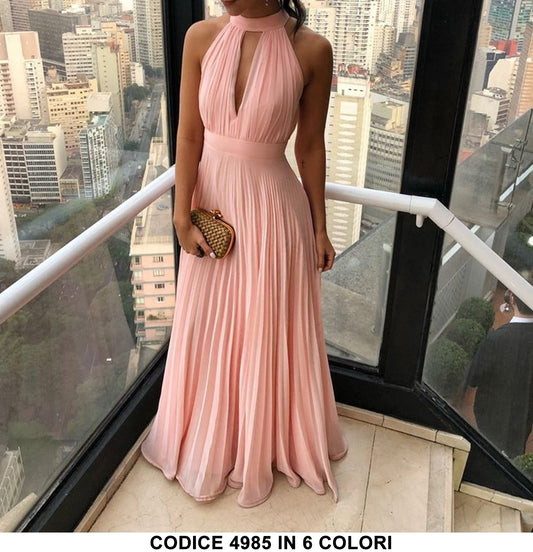 Vestito Lungo da Cerimonia Elegante Increspato Allacciatura al Collo Scollo V Abito in 6 Colori - 4985 - Abbigliamento donna elegante su I Love Dress